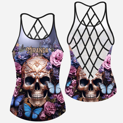 Beauty Of The Dark Skull Roses Butterflies - Personalized Skull Cross Tank Top