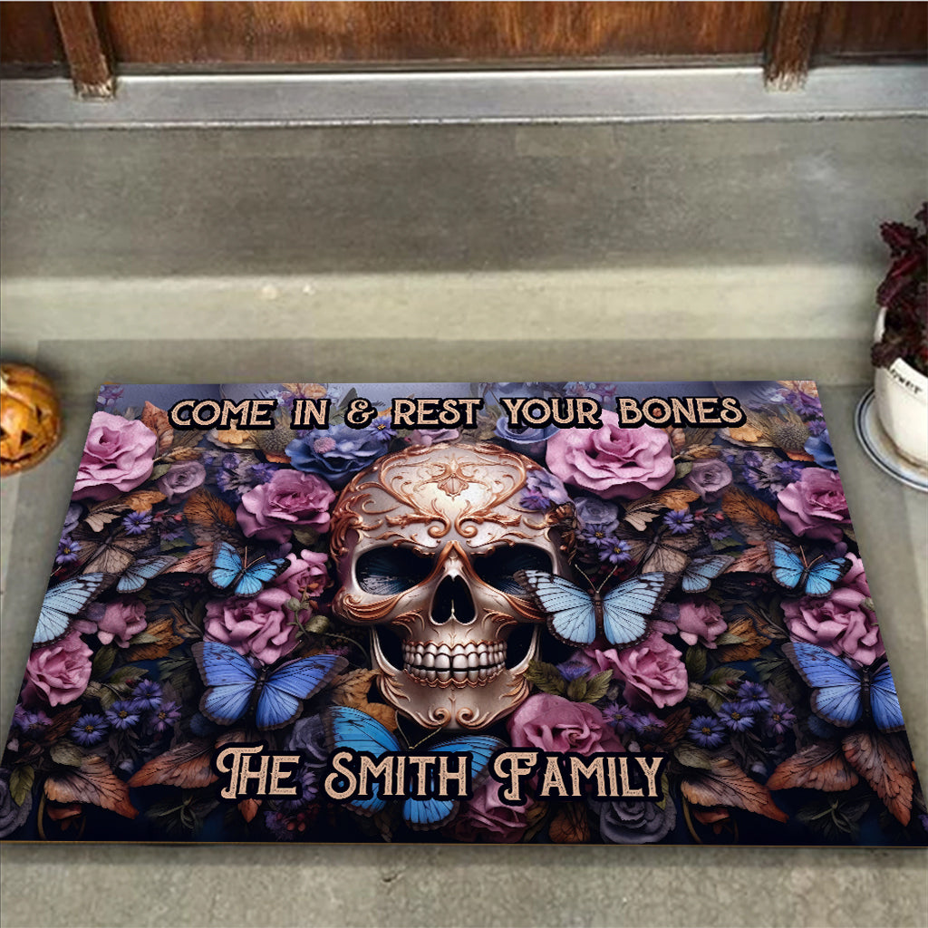 Welcome Come In & Rest Your Bones - Personalized Skull Doormat