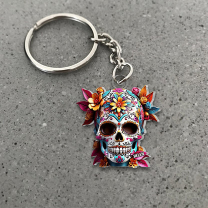 Floral Sugar Skull - Personalized Skull Custom Shaped Keychain