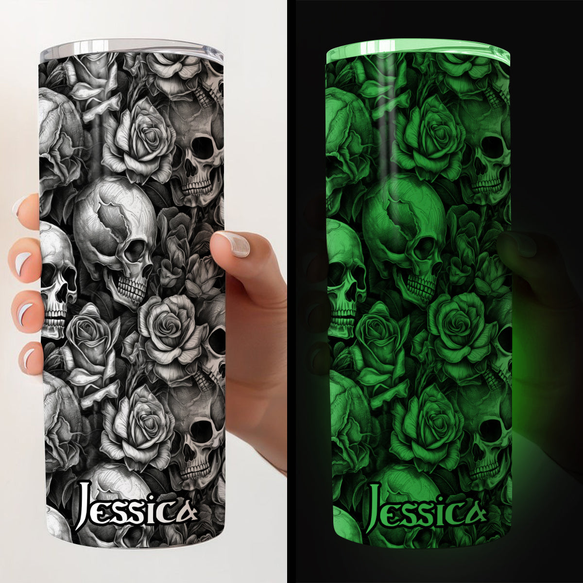 Glow In The Dark Skull Roses - Personalized Skull Glow Skinny Tumbler