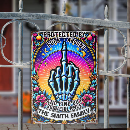 Protected by Fck Around and Find out Surveillance - Personalized Skull Rectangle Metal Sign