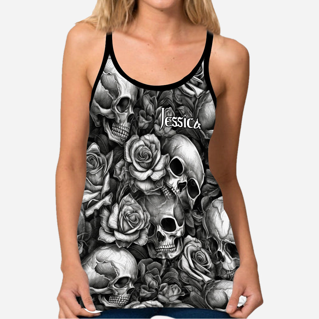 Skull Roses Black And White - Personalized Skull Cross Tank Top