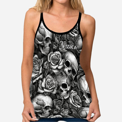 Skull Roses Black And White - Personalized Skull Cross Tank Top