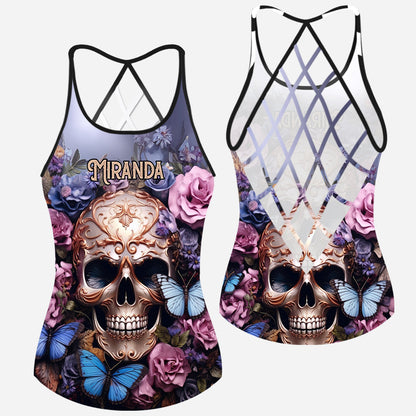Beauty Of The Dark Skull Roses Butterflies - Personalized Skull Cross Tank Top