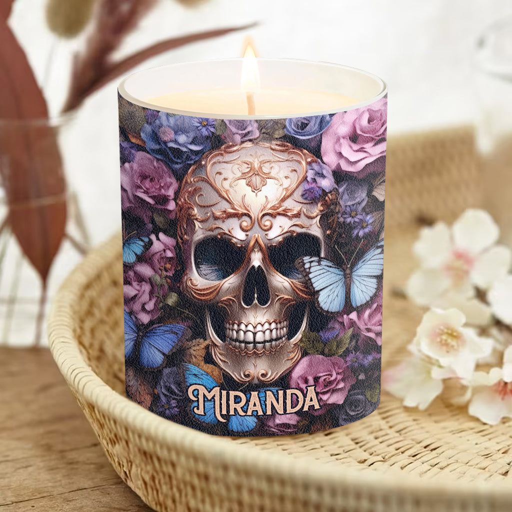 Beauty Of The Dark Skull Roses Butterflies - Personalized Skull Candle With Wooden Lid