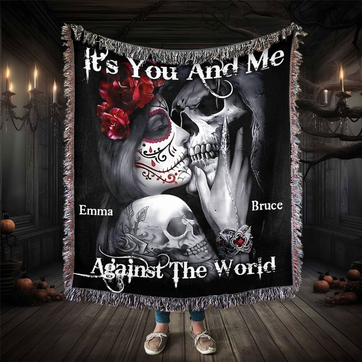 It's You And Me Against The World - Personalized Skull Woven Blanket