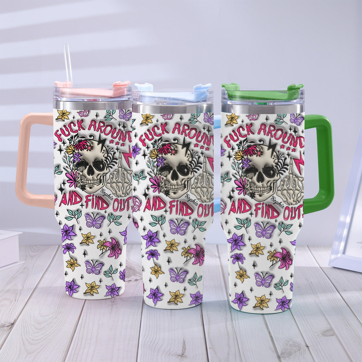 Fuck Around And Find Out - Personalized Skull Tumbler With Handle