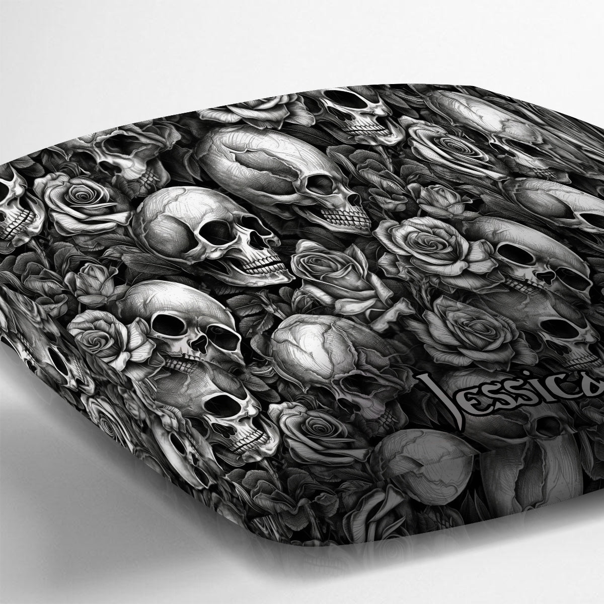 Skull Roses Black And White - Personalized Skull Throw Pillow