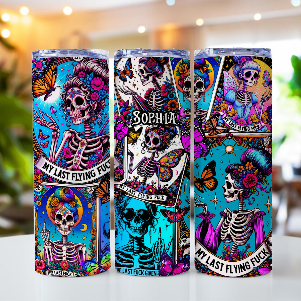 My Last Flying Fck - Personalized Skull Glow Skinny Tumbler