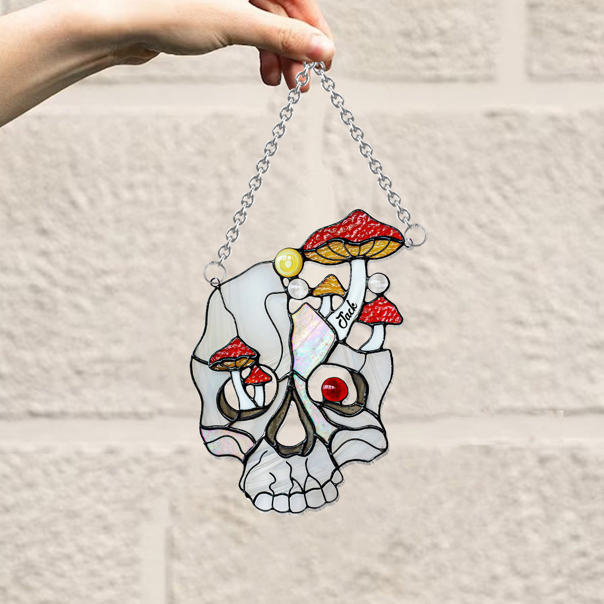 Mushroom White Skull - Personalized Skull Window Hanging Suncatcher Ornament