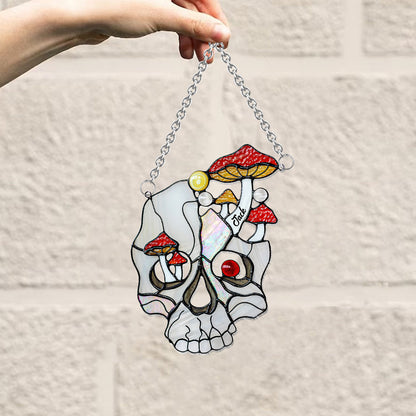 Mushroom White Skull - Personalized Skull Window Hanging Suncatcher Ornament