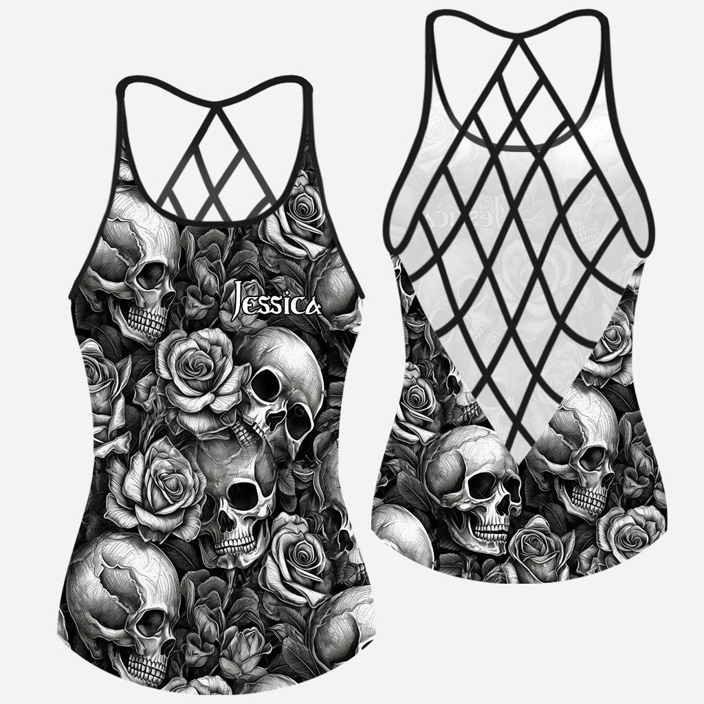 Skull Roses Black And White - Personalized Skull Cross Tank Top