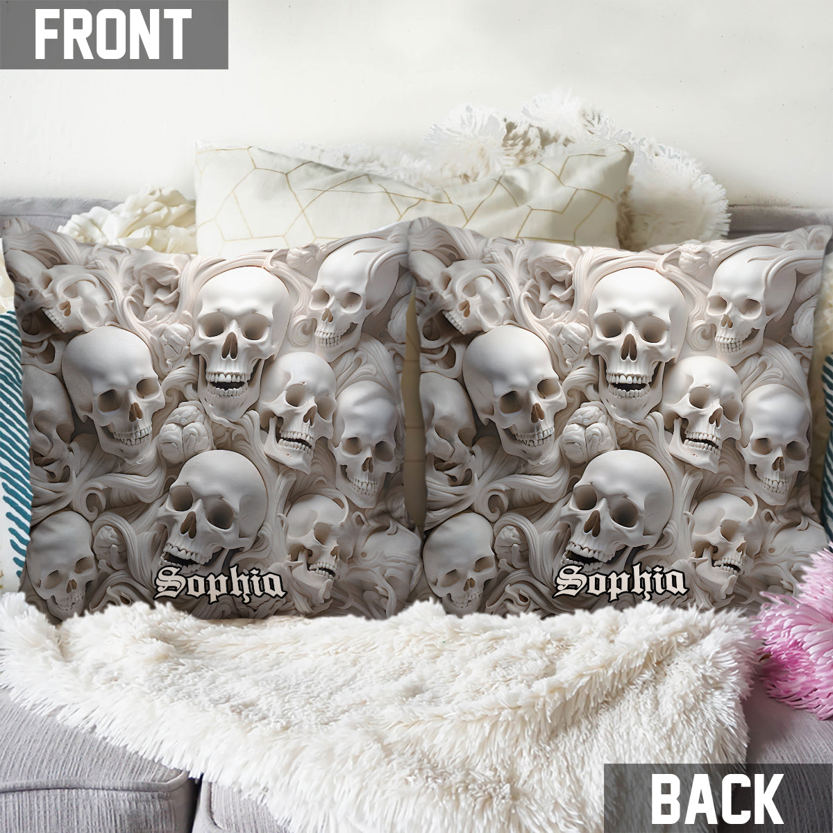 White Bones - Personalized Skull Throw Pillow