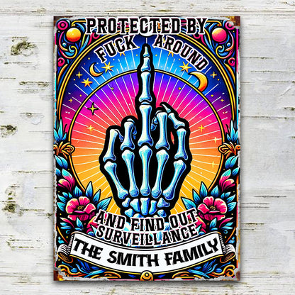 Protected by Fck Around and Find out Surveillance - Personalized Skull Rectangle Metal Sign