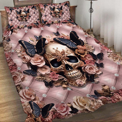 Pink Skull & Black Butterflies - Personalized Skull Quilt Set
