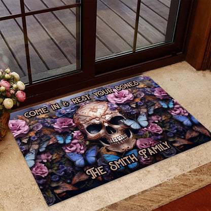 Welcome Come In & Rest Your Bones - Personalized Skull Doormat