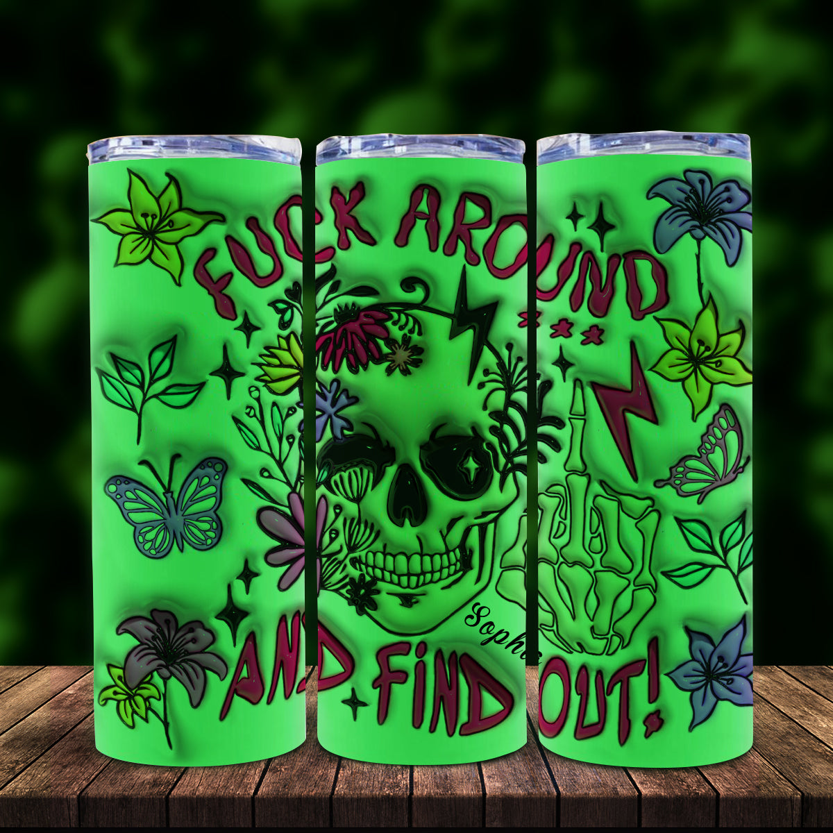 Fuck Around And Find Out - Personalized Skull Glow Skinny Tumbler