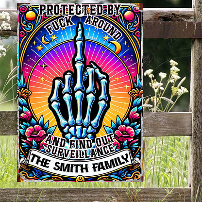 Protected by Fck Around and Find out Surveillance - Personalized Skull Rectangle Metal Sign