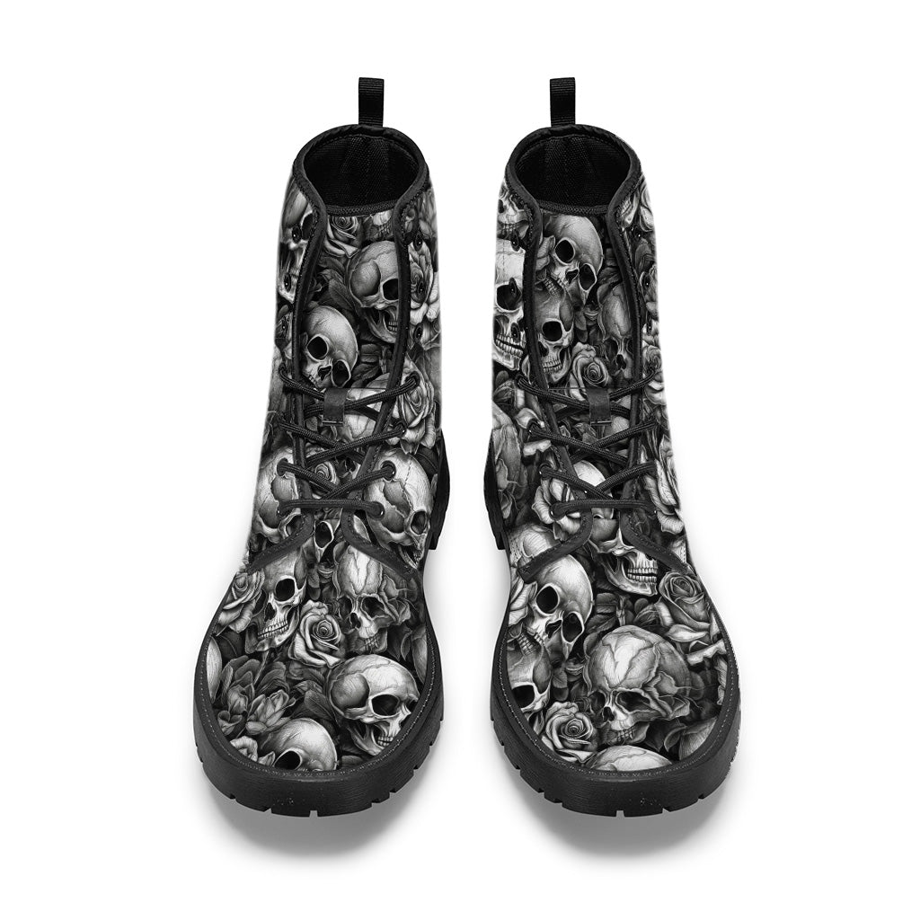 Skull Roses Black And White - Personalized Skull Leather Boots