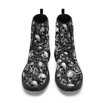 Skull Roses Black And White - Personalized Skull Leather Boots