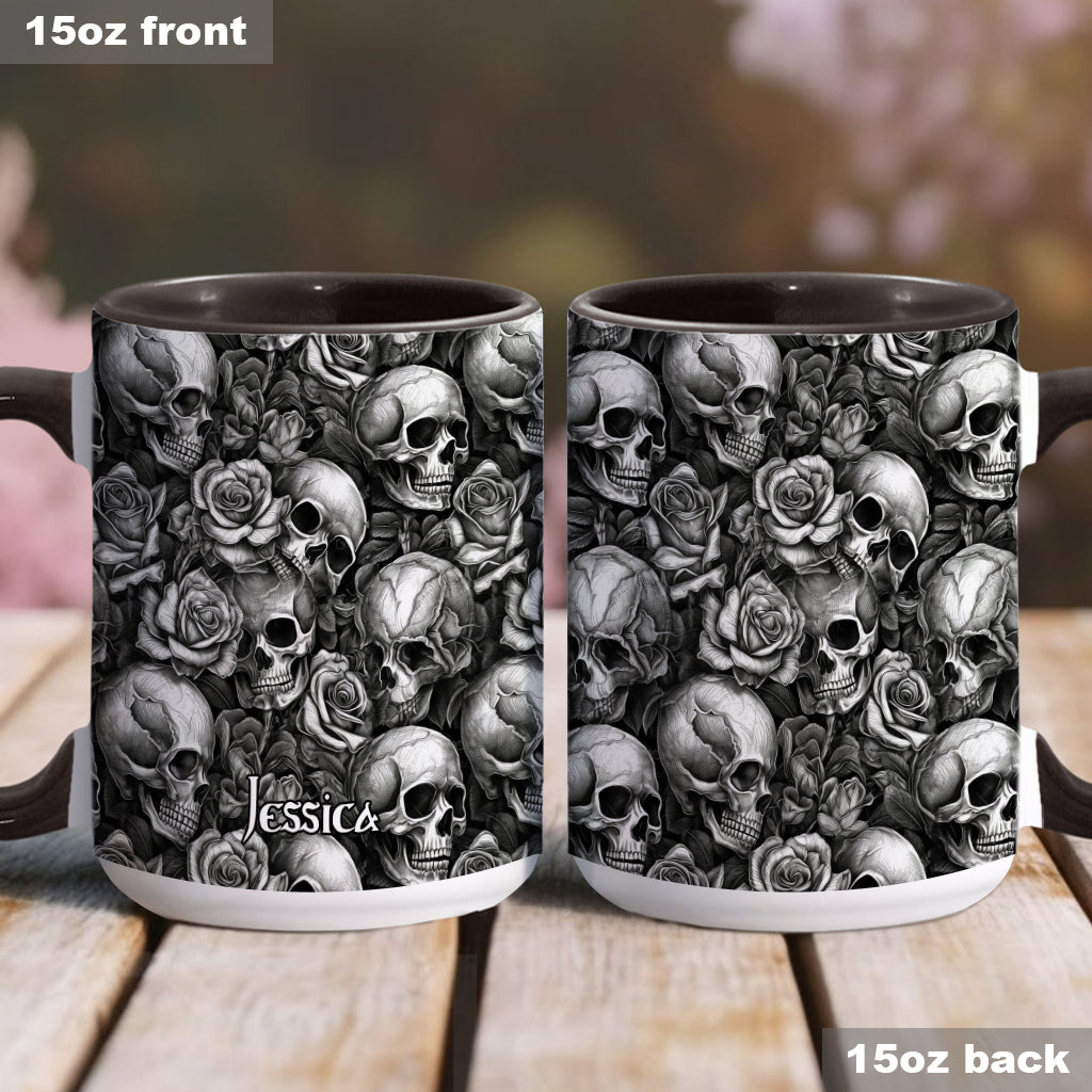 Skull Roses Black And White - Personalized Skull Accent Mug