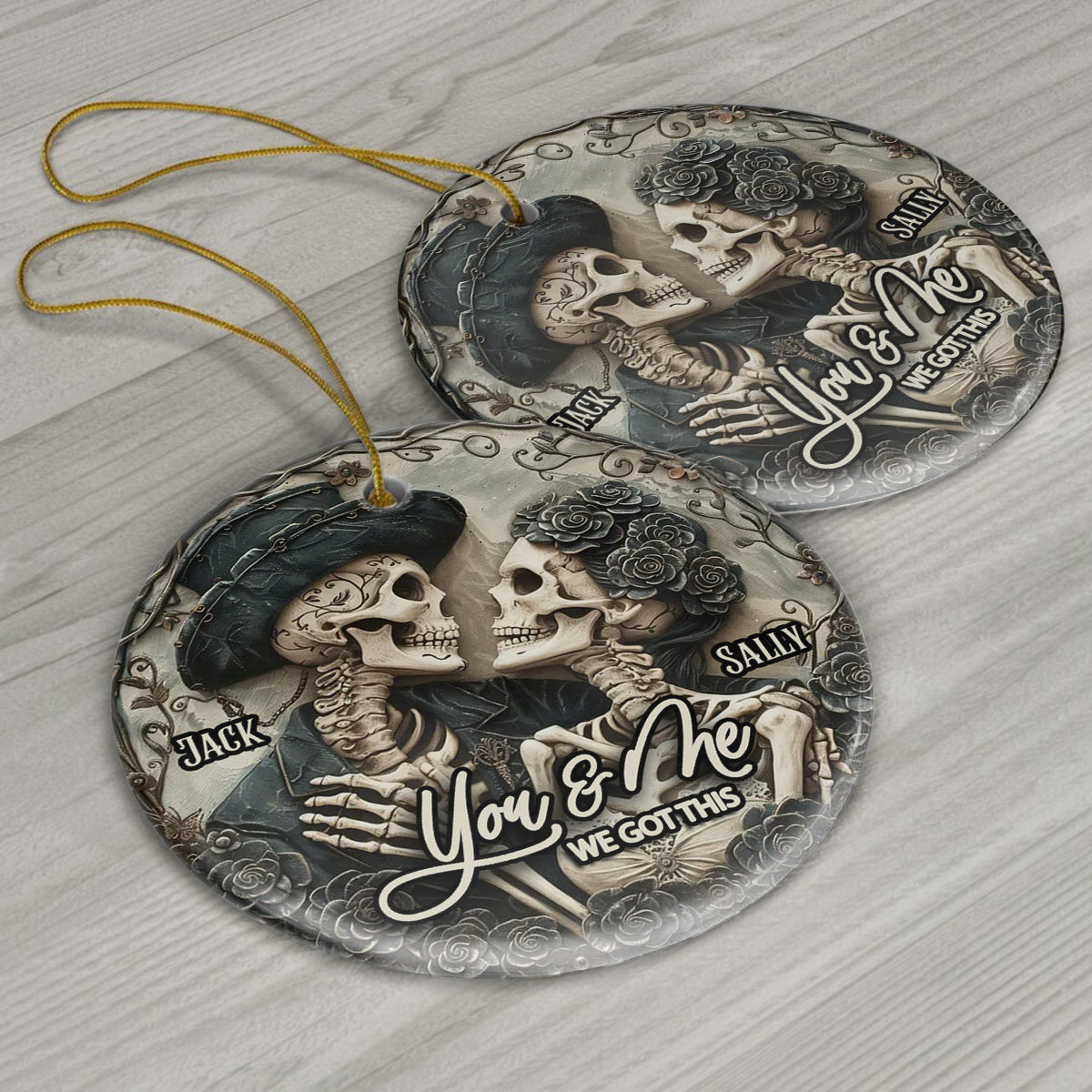 You & Me - Personalized Skull Ceramic Circle Ornament