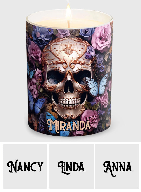 Beauty Of The Dark Skull Roses Butterflies - Personalized Skull Candle With Wooden Lid