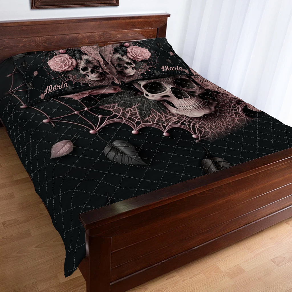 Roses And Skull - Personalized Skull Quilt Set