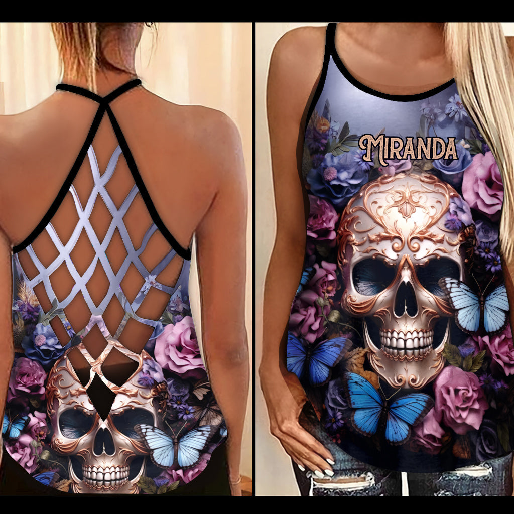 Beauty Of The Dark Skull Roses Butterflies - Personalized Skull Cross Tank Top