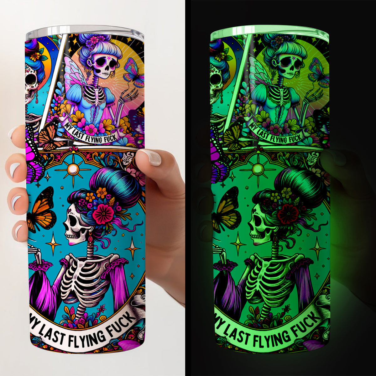 My Last Flying Fck - Personalized Skull Glow Skinny Tumbler