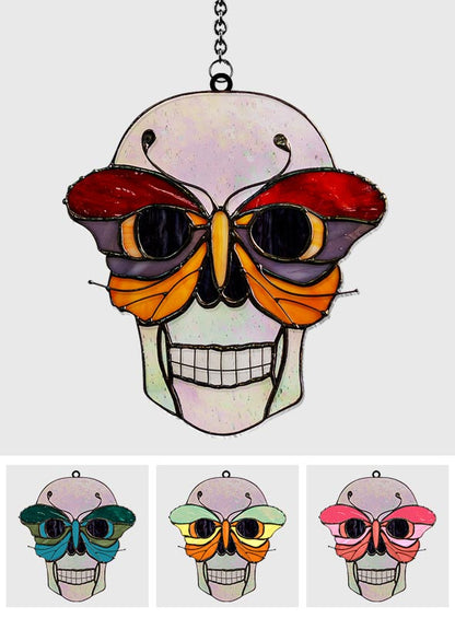 Skull With Colorful Butterfly - Personalized Skull Window Hanging Suncatcher Ornament