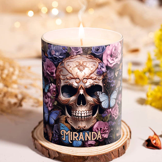Beauty Of The Dark Skull Roses Butterflies - Personalized Skull Candle With Wooden Lid
