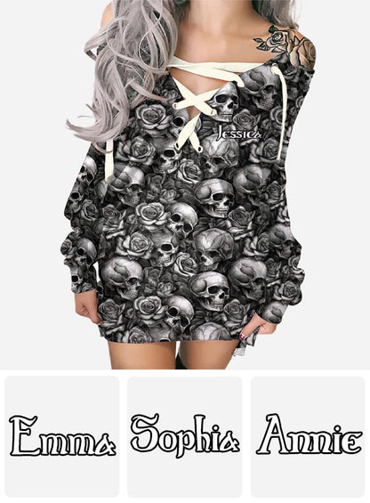 Skull Roses Black And White - Personalized Skull Off Shoulder Long Sleeve Dress