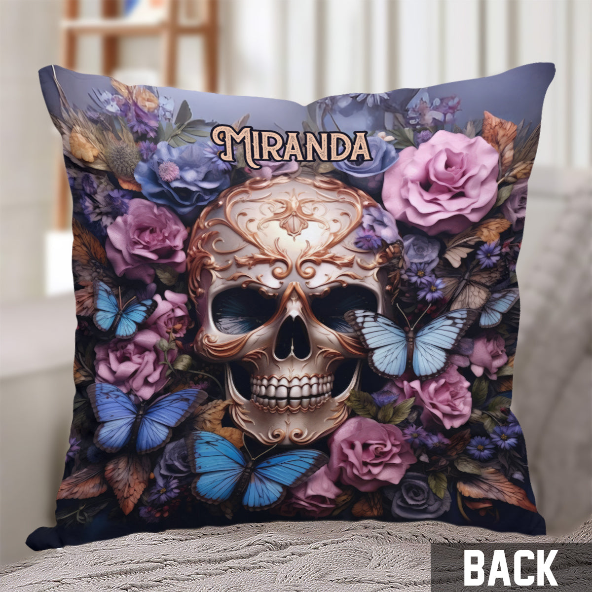 Beauty Of The Dark Skull Roses Butterflies - Personalized Skull Throw Pillow