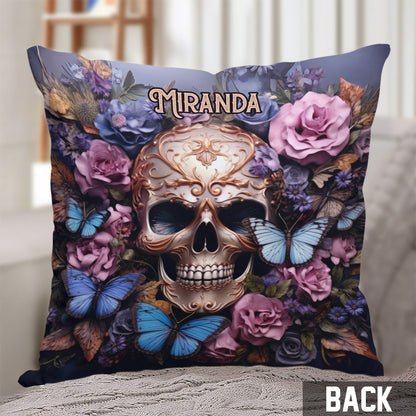 Beauty Of The Dark Skull Roses Butterflies - Personalized Skull Throw Pillow