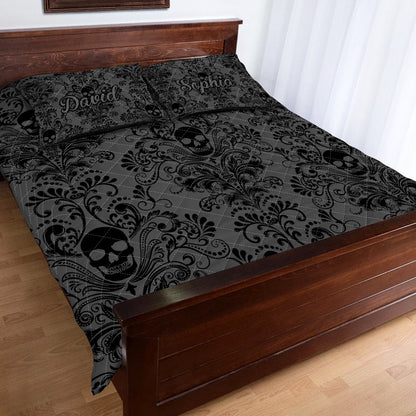 Black & Gray Floral Skull - Personalized Skull Quilt Set
