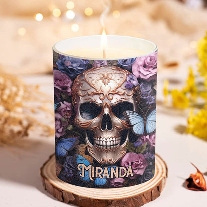 Beauty Of The Dark Skull Roses Butterflies - Personalized Skull Candle With Wooden Lid