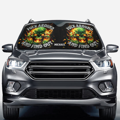 F Around And Find Out Green Fire - Personalized Skull Car Sunshade
