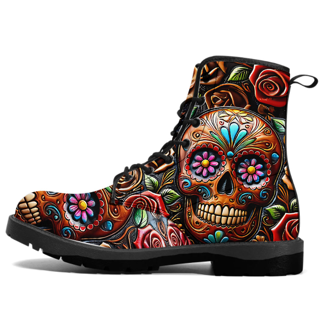 Roses And Skull - Skull Leather Boots