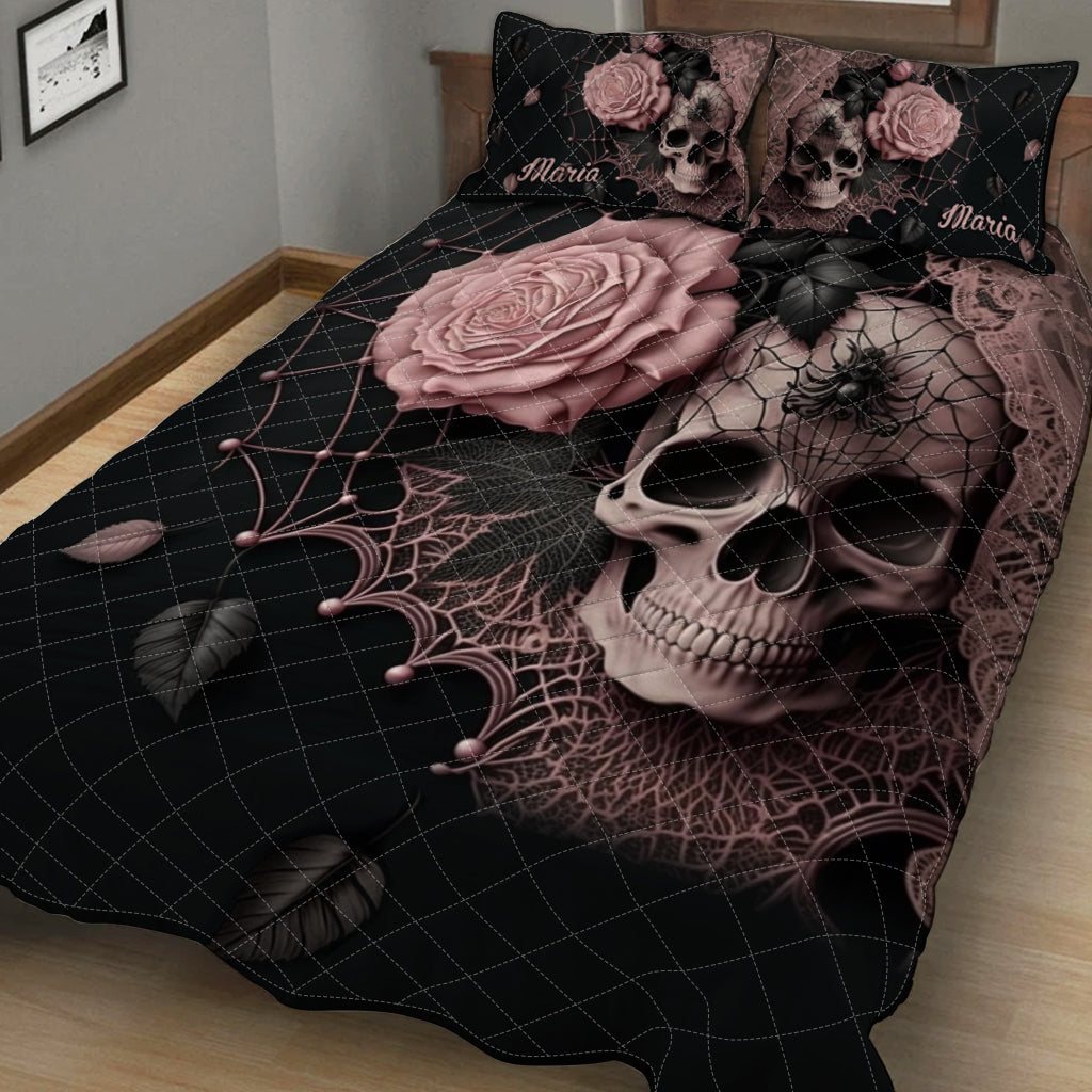 Roses And Skull - Personalized Skull Quilt Set