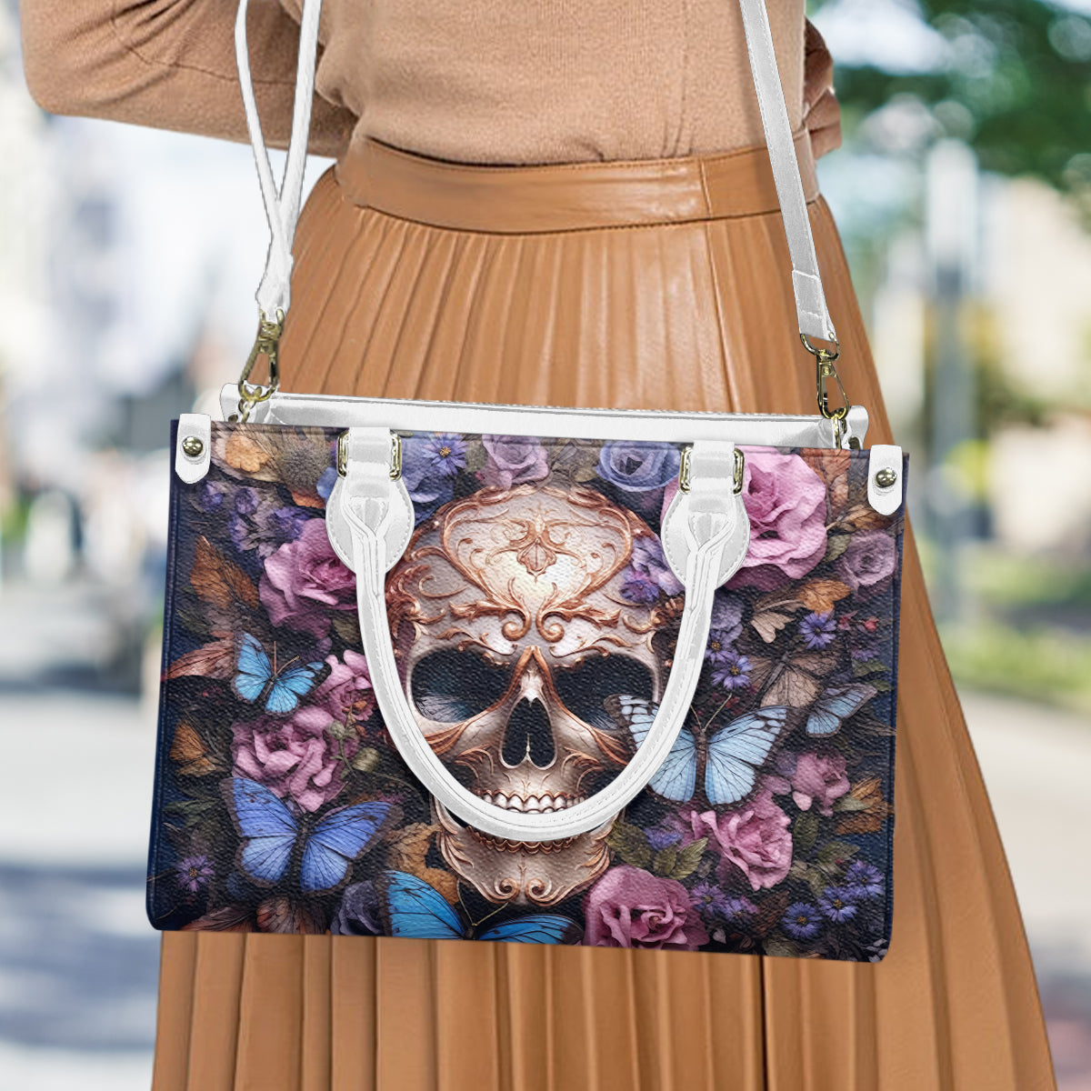 Beauty Of The Dark Skull Roses Butterflies - Personalized Skull Leather Handbag