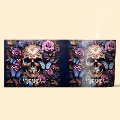 Beauty Of The Dark Skull Roses Butterflies - Personalized Skull Candle With Wooden Lid