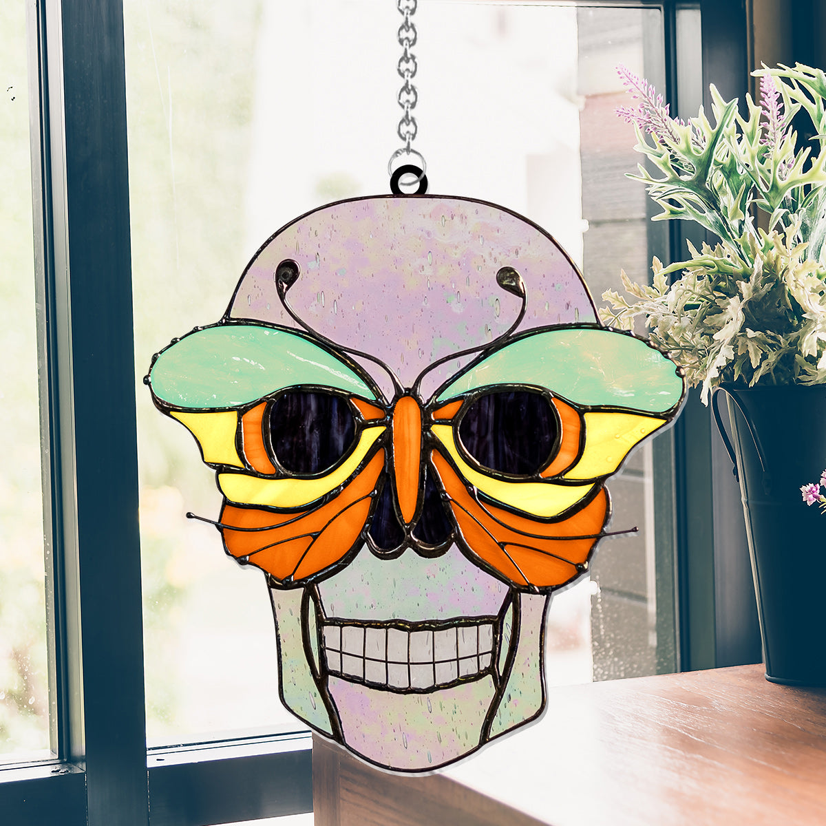 Skull With Colorful Butterfly - Personalized Skull Window Hanging Suncatcher Ornament