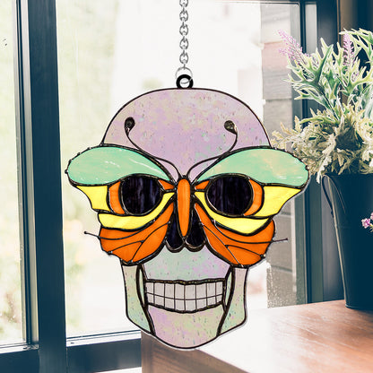 Skull With Colorful Butterfly - Personalized Skull Window Hanging Suncatcher Ornament