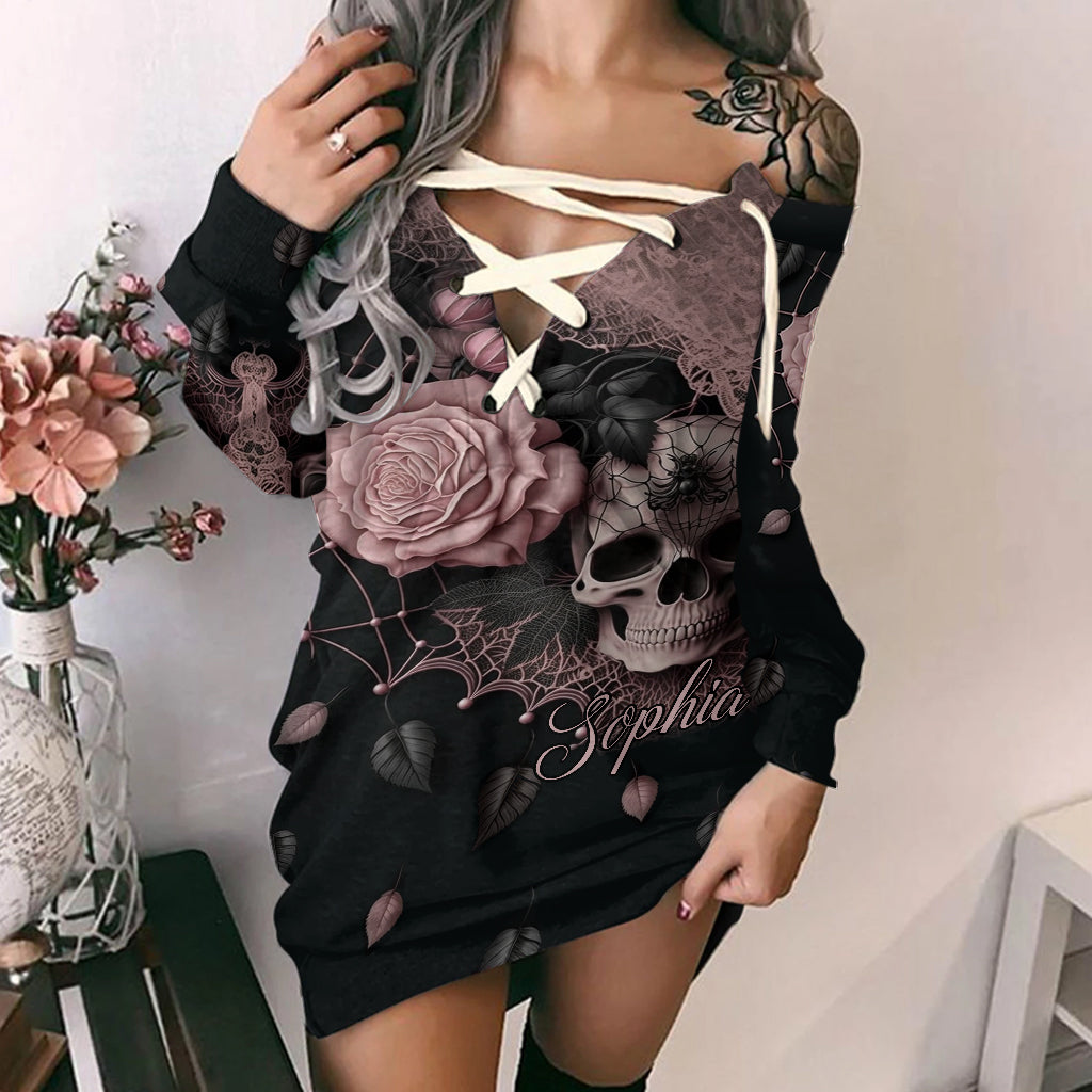 Enchanting Floral & Skull - Personalized Skull Off Shoulder Long Sleeve Dress