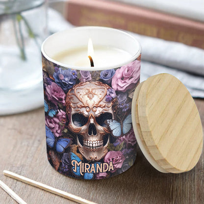 Beauty Of The Dark Skull Roses Butterflies - Personalized Skull Candle With Wooden Lid