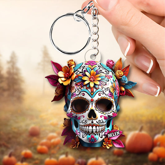 Floral Sugar Skull - Personalized Skull Custom Shaped Keychain