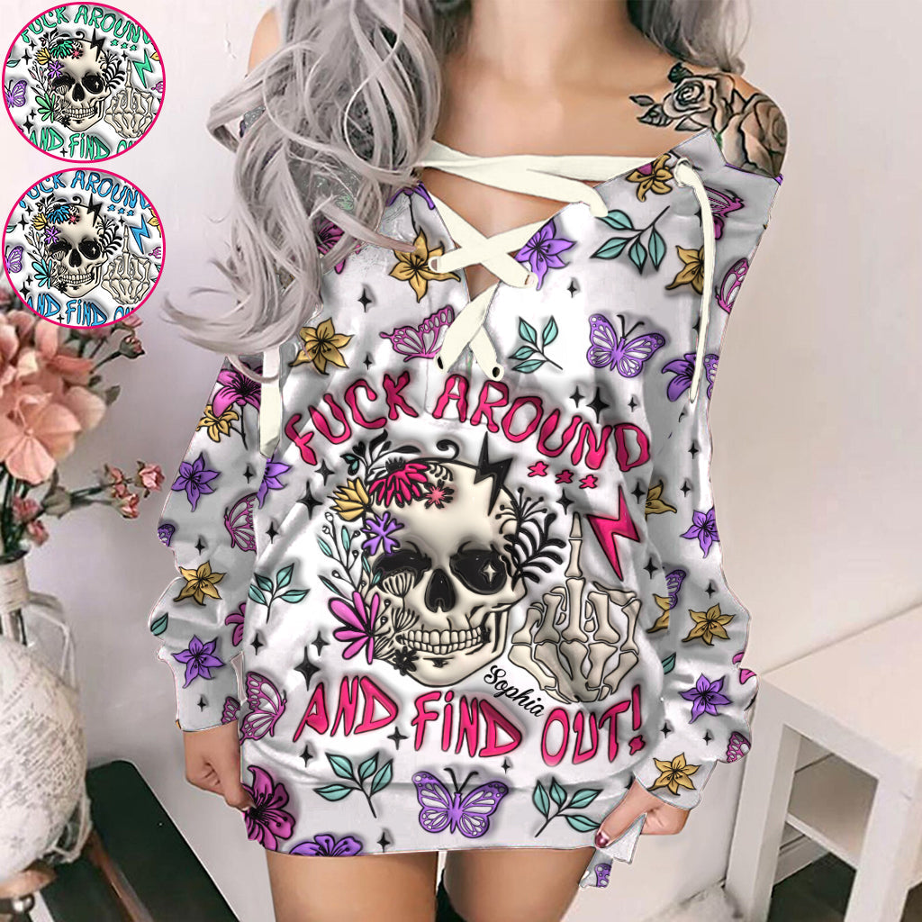 Fuck Around And Find Out - Personalized Skull Off Shoulder Long Sleeve Dress