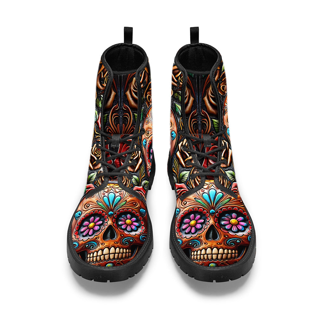 Roses And Skull - Skull Leather Boots