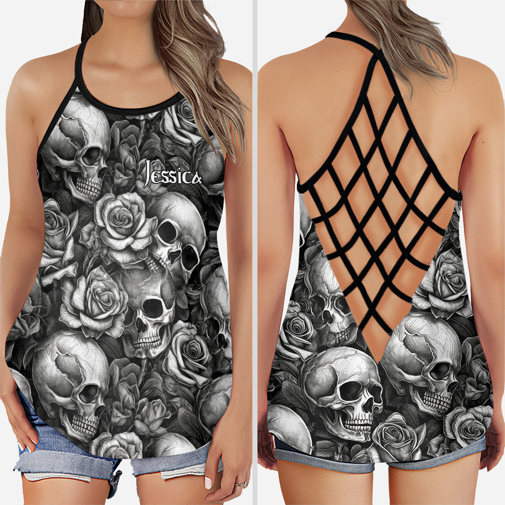 Skull Roses Black And White - Personalized Skull Cross Tank Top